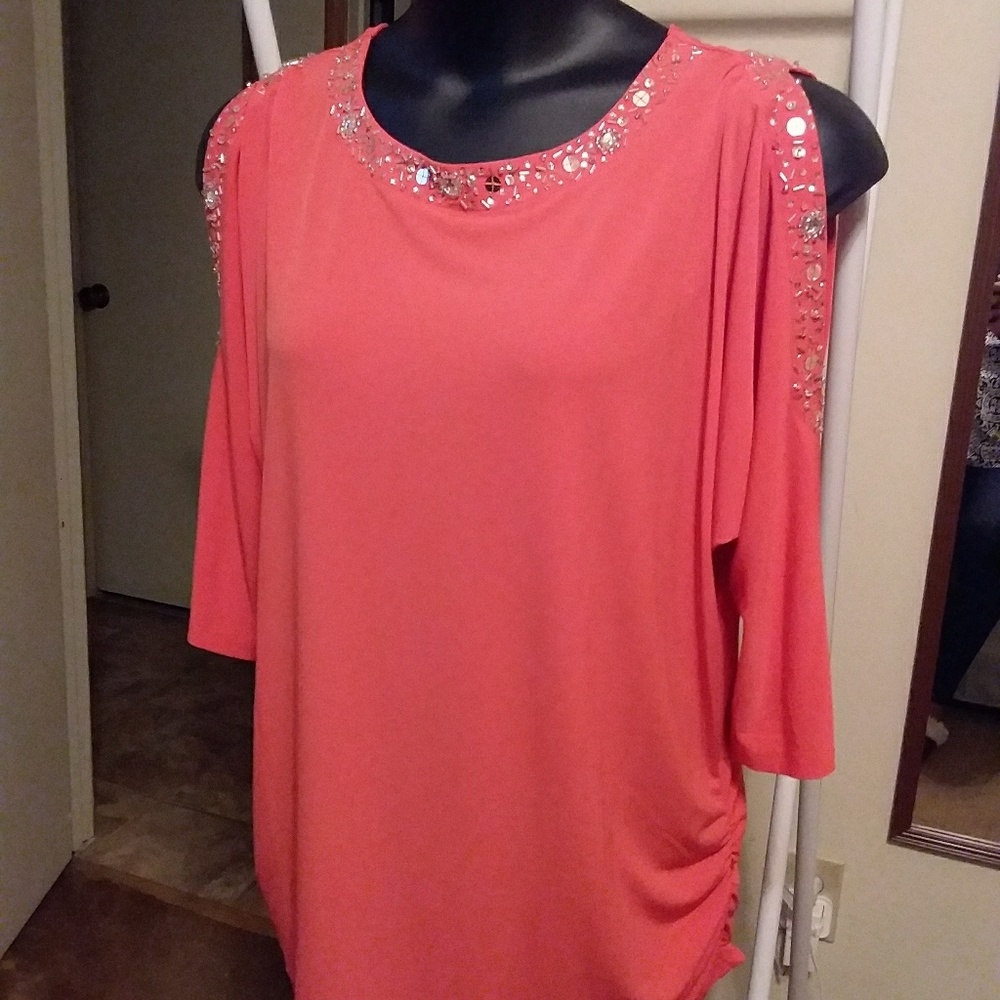 Orange beaded cold shoulder blouse